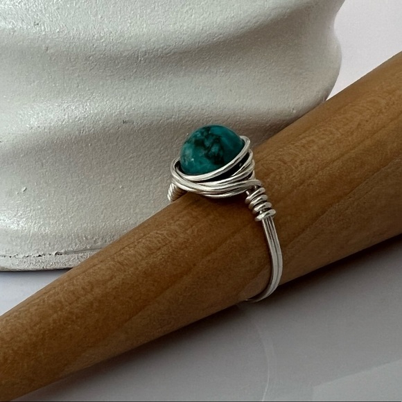 Cyan Blue Turquoise Sterling Silver Wire Wrap Ring - Picture 3 of 12
